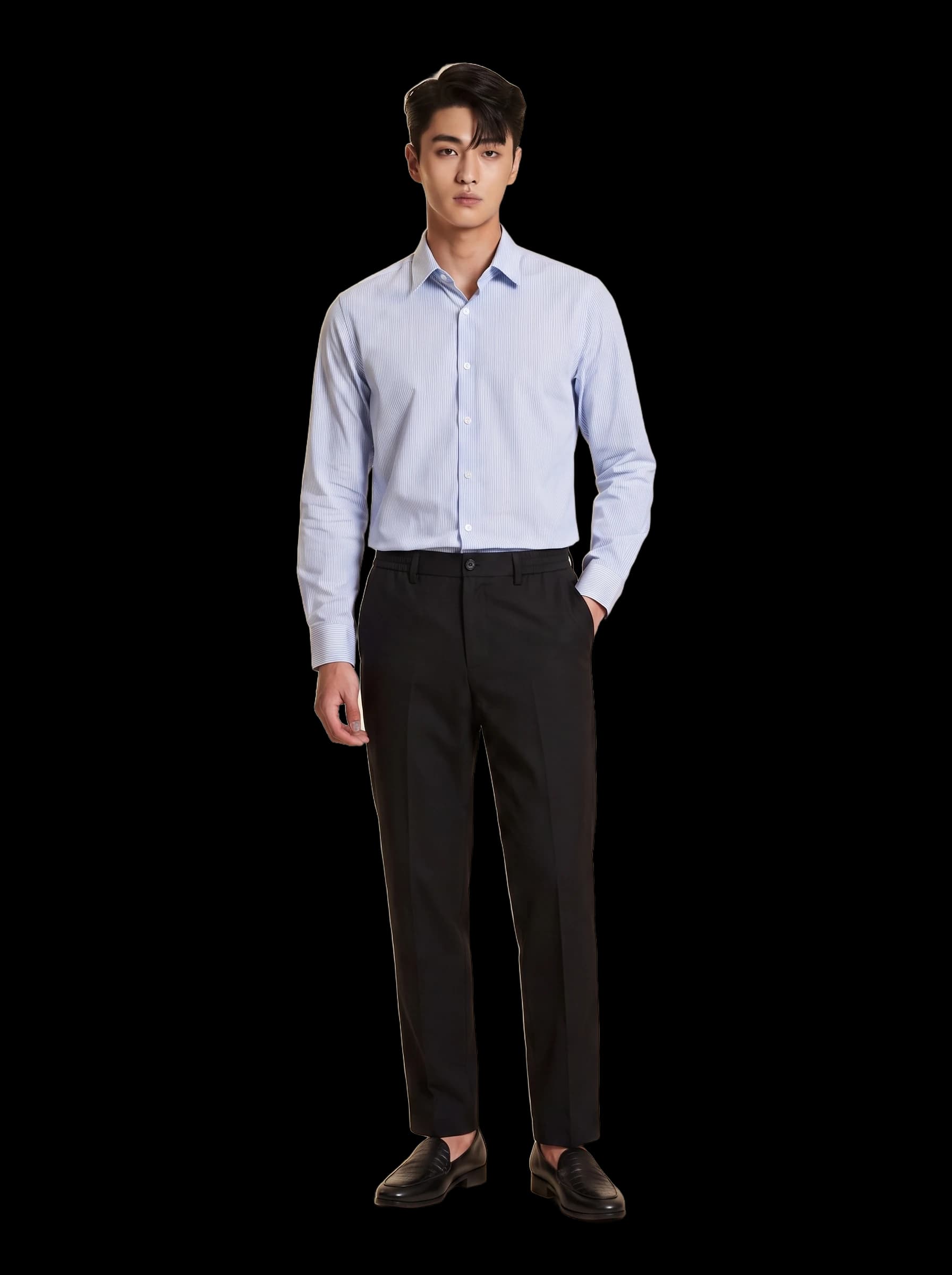 SM regular fit dài tay, màu xanh kẻ tăm trắng, cổ basic #1160