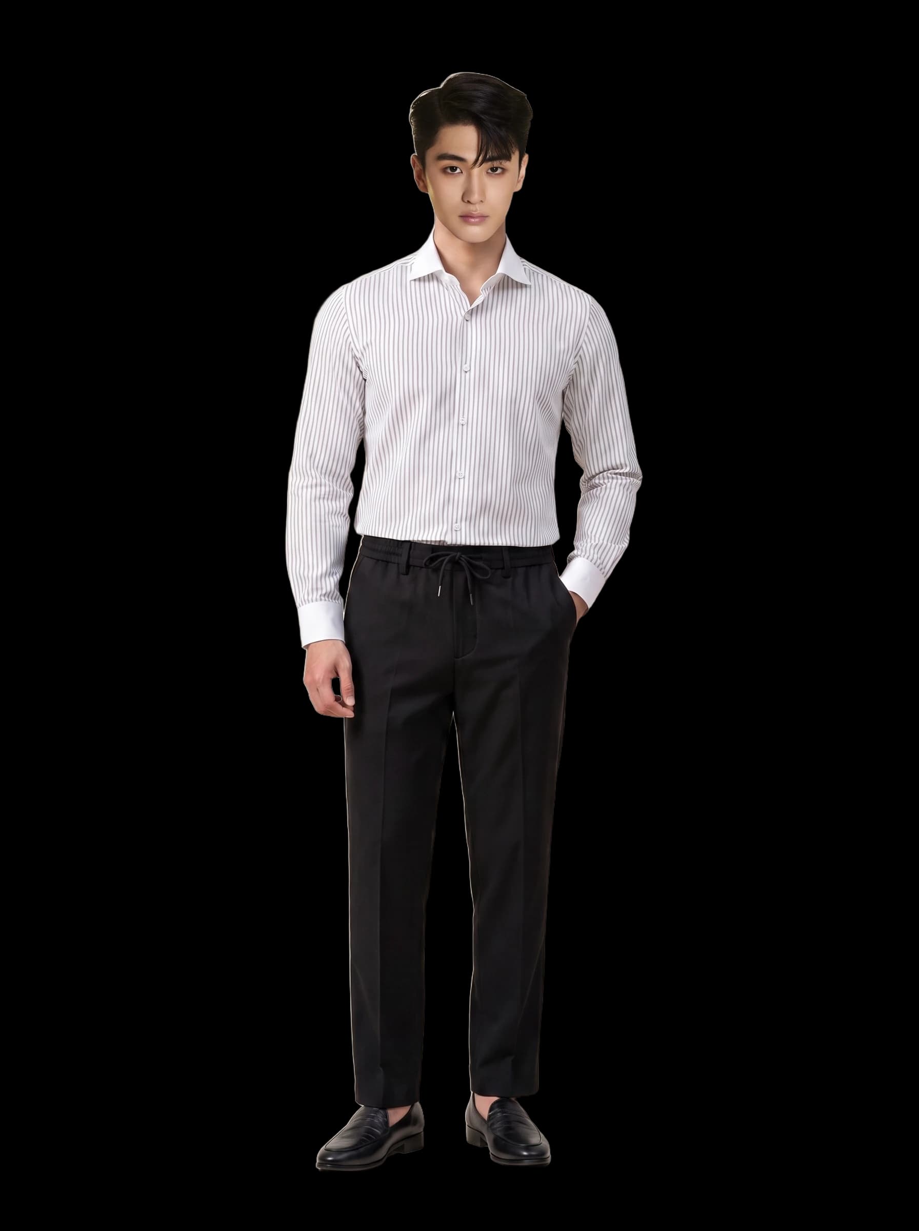 SM regular fit dài tay, màu trắng kẻ sọc đen, cổ cutaway #1163