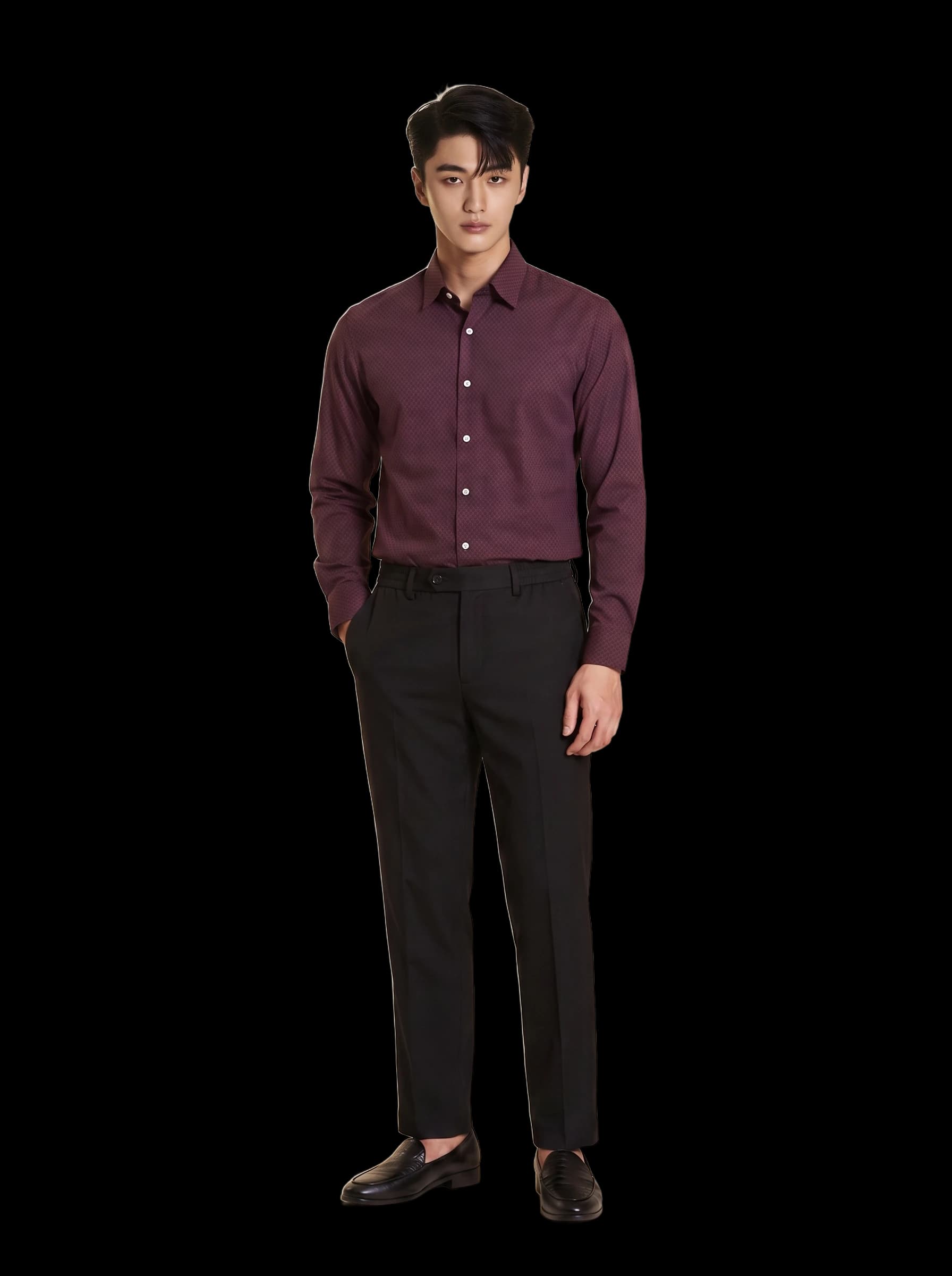 SM regular fit dài tay, màu mận chấm ô vuông, cổ basic #1164