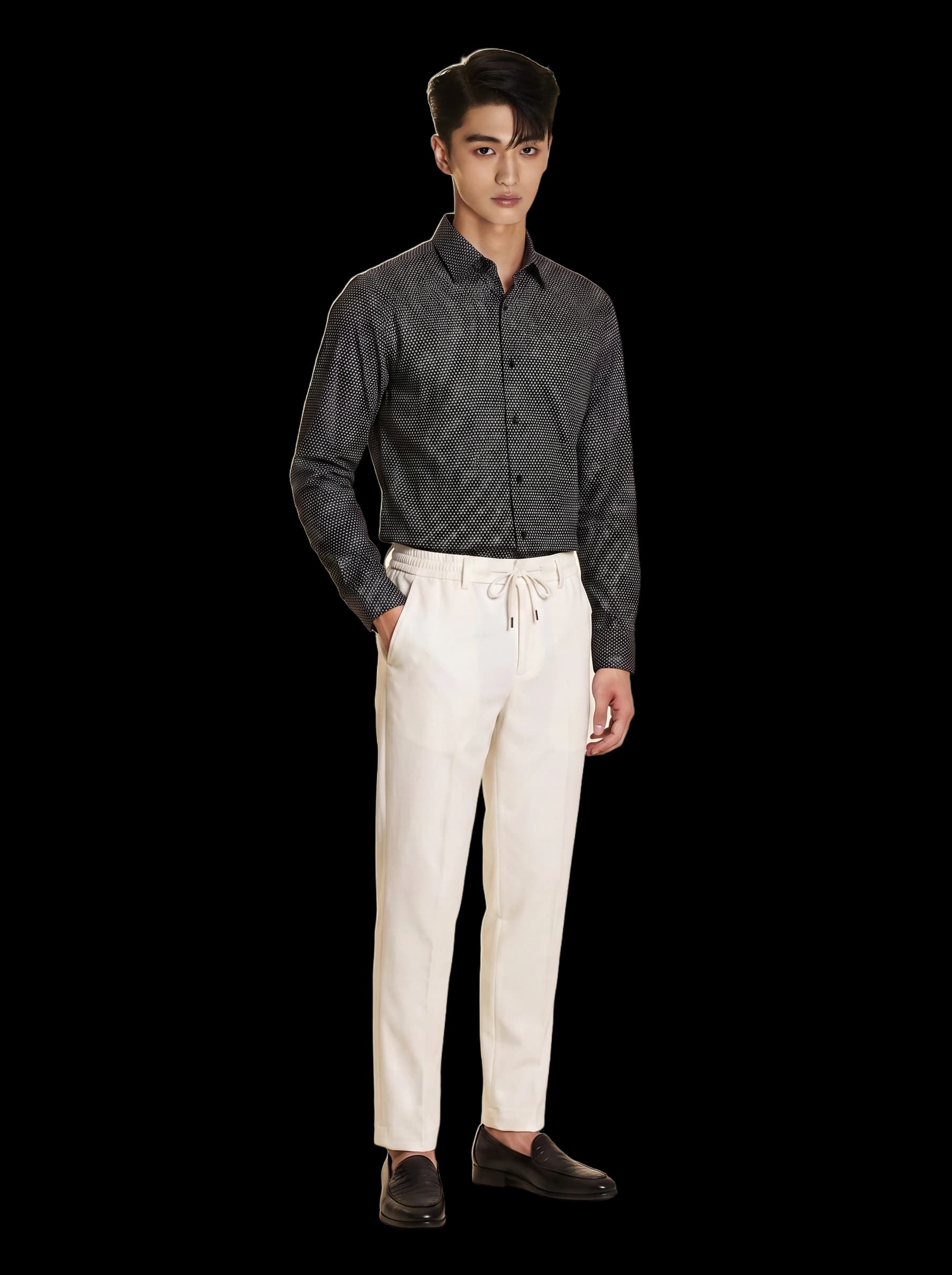SM regular fit dài tay, màu đen chấm trắng xám, cổ basic #1165