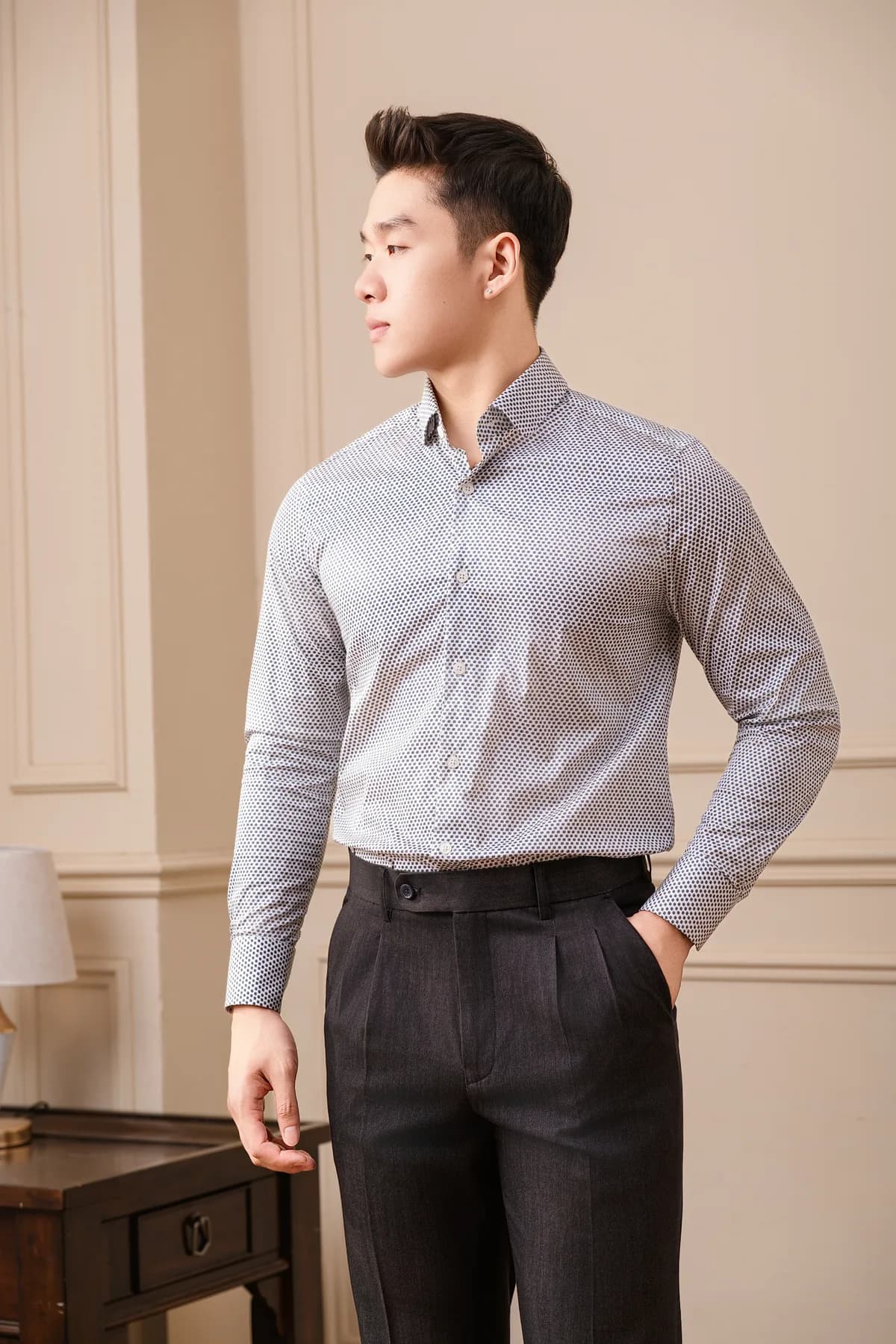 Sơ mi Xám họa tiết nhỏ — toàn thân, Lookbook Sơ mi mới về REMMY